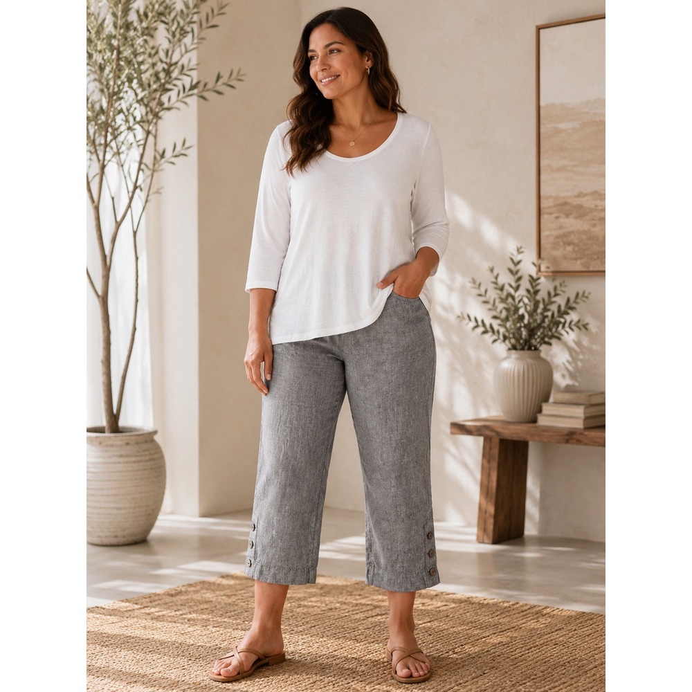 Chicos Pants Wide Leg Grey Linen Blend Button Hem Cropped Capris Size 6